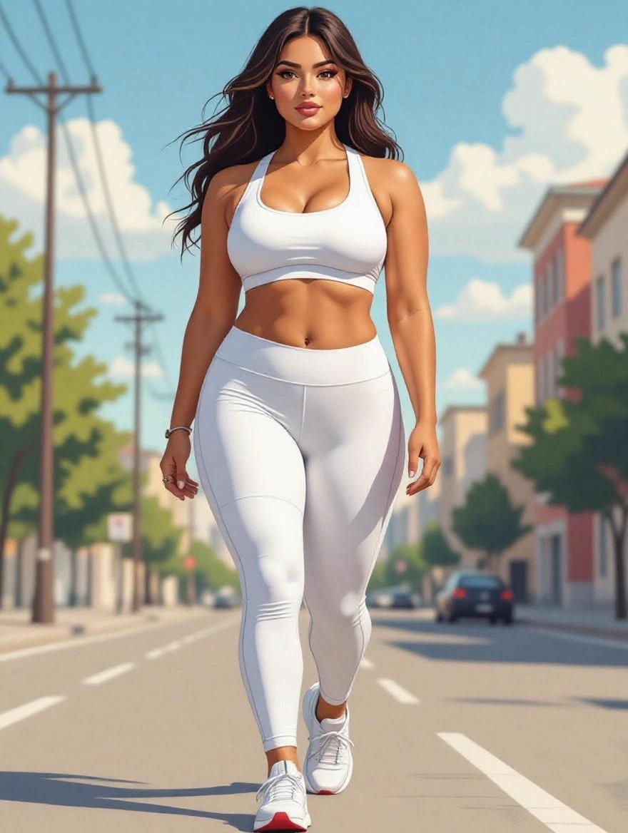 Vector art of a young plus-size woman wearing a sports bra and white leggings walking confidently down a street with trees and buildings on either side.