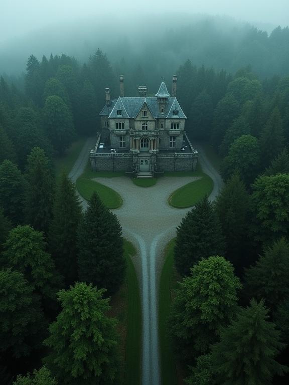 Monumental historic mansion hidden deep in an ancient forest. Enclosed by moss-covered stone wall. A narrow road leads through thick woods to the estate. Mysterious atmosphere with moody lighting and dark cinematic tone. Captured from very high altitude in top-down view. Extreme wide-angle aerial drone shot. Ultra high-definition with hyper-realistic details. Gothic architecture in dark fantasy style. Forest gloom mood with gravel area around mansion. Some cars parked inside walls. Shot with DJI Inspire 3 in 8K resolution and volumetric lighting.