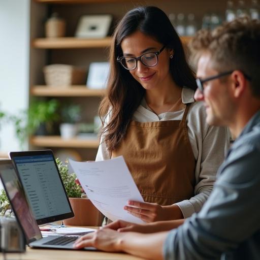 Realistic image depicting two people engaged in a discussion at an office setting. One person is reviewing documents while the other is focused on a laptop. The atmosphere is professional and warm. Ideal for showcasing software solutions for sales and ERP.