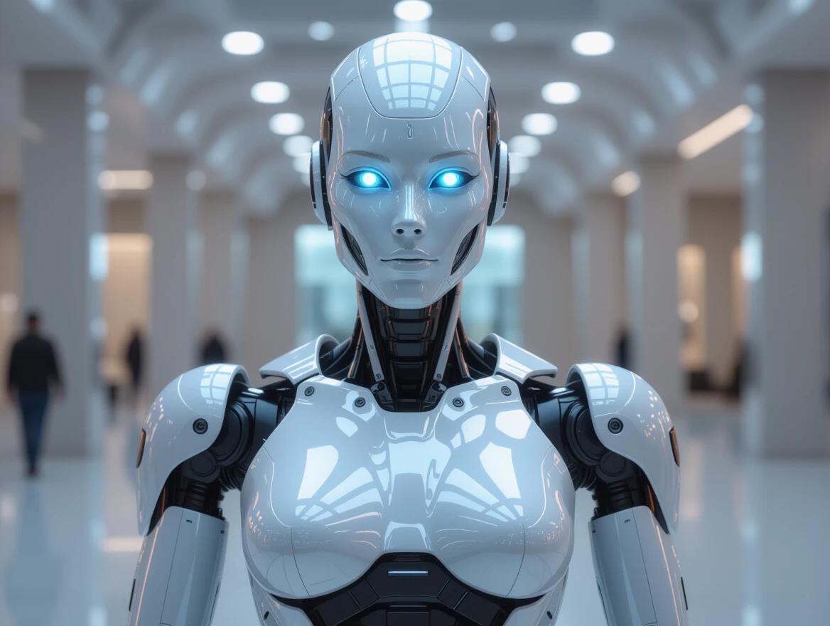 Sleek robotic humanoid figure with a metallic body. Robot has glowing blue eyes. The setting is a spacious modern room with blurred human figures in the background. The robot stands confidently in the foreground.