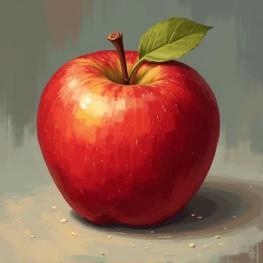 A realistic depiction of a fresh red apple with a green leaf resting on a textured surface.