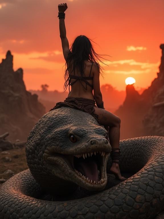 Young warrior woman in tattered loincloth rides a massive serpentine creature. Shimmering skin of the beast under crimson twilight. Warrior's fist raised in victory. Ruined temple and dramatic landscape in background.