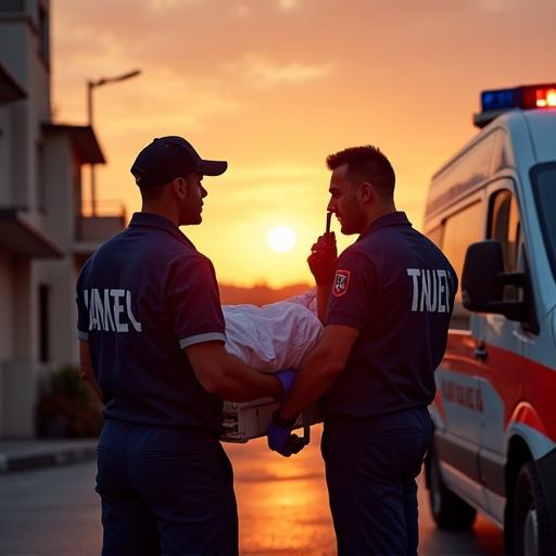Dynamic scene showing two professional paramedics in action next to an ambulance at sunset. One assisting a patient and the other communicating via radio. Strong lighting and urgency emphasizing teamwork.