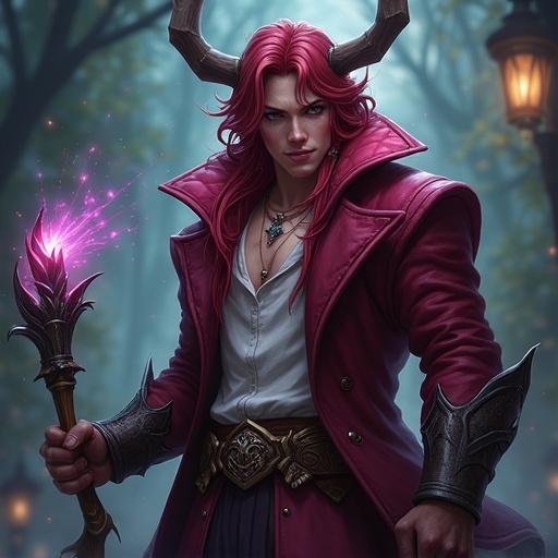 Character from League of Legends named Briar. Stands in a mystical forest. Colorful magic staff in hand. Pink hair and stylish coat.
