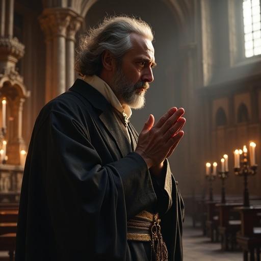Hyper-realistic image of a man praying in a medieval church. Emphasis on courage and spirituality.