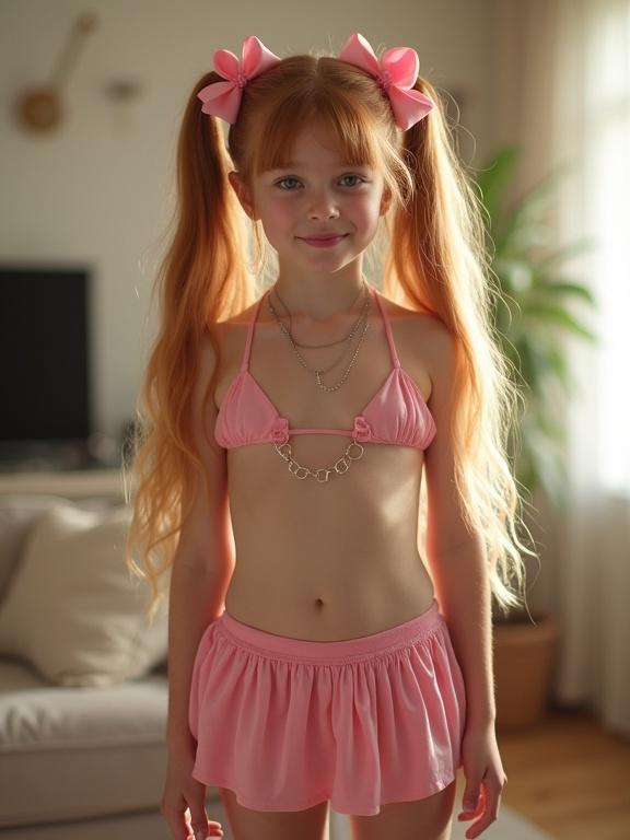 Young girl with long blonde hair wearing pink costume in living room. She has twin tails and pink bows. Soft lighting enhances the scene with a playful but innocent vibe. Slim waist and flirty smile highlight her youthful charm. Room is decorated with soft furnishings and plants creating a cozy atmosphere. Cozy interior gives warmth and brightness to the photo. Image has low resolution and saturation for a nostalgic appearance.