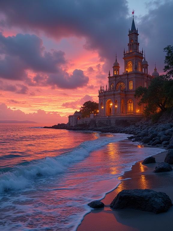Stunning view of an exotic beach at sunset. Dramatic colors in the sky. Glowing architectural lights illuminate the grand structure. Vibrant backdrop enhances the scene.