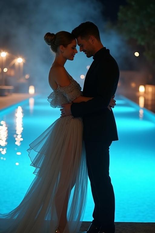 Two figures embrace at the edge of an illuminated infinity pool. One figure wears an avant-garde silver top and a high-waisted skirt. The other figure is in a tailored black suit. The background features soft lighting and steam rising from the pool. The atmosphere is dreamy and intimate with reflections on water.