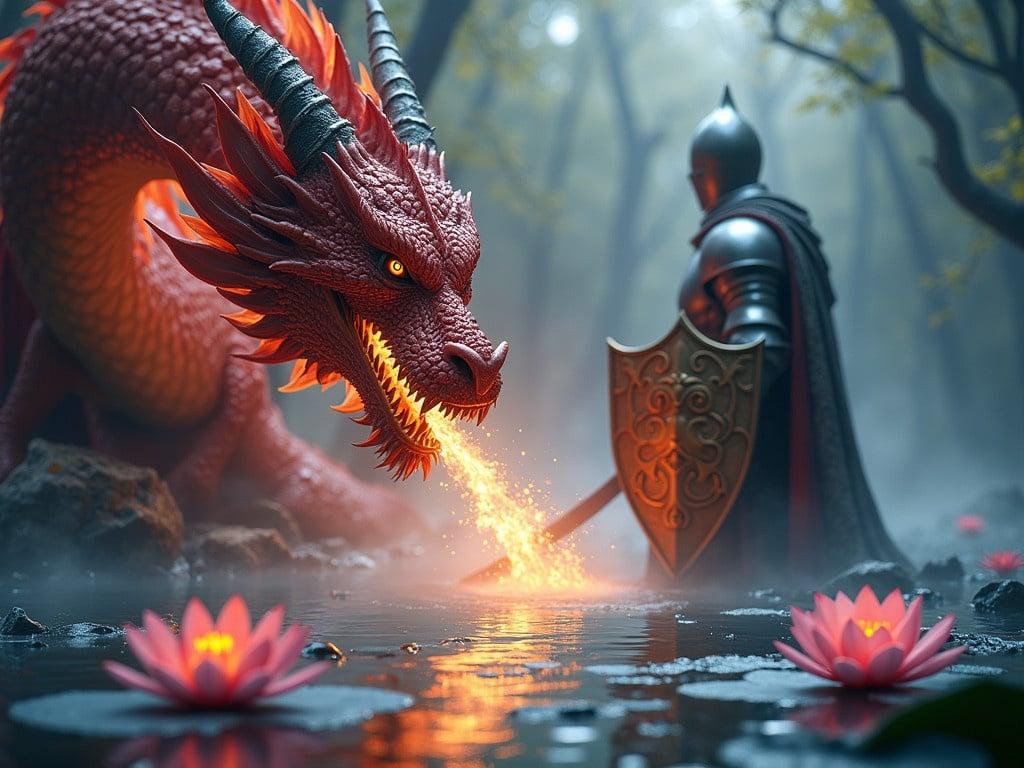 Enhance the web banner design. Make the colors vibrant and increase the contrast significantly. Add dramatic lighting around the dragon's fire breath as well as the knight's shield to create a more intense atmosphere. Introduce detailed textures to the dragon's scales and the knight's armor, highlighting their features. Improve the realism of the water by incorporating reflections and ripples that align with the elements above. Seamlessly integrate the existing background while maintaining the overall composition. Add creative elements such as mist, fog, and glowing lotus flowers to create an enchanting scene.