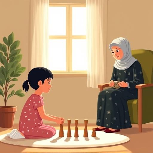 A cozy flat-style cartoon illustration for a children's story. A warm room with soft sunlight through a window, off-white curtains, and a round rug. A faceless girl with a ponytail in a pink dress builds a house with wooden pillars on the floor. A grandmother in a black floral dress and hijab sits on an olive-green chair crocheting. Peaceful scene with space for text.