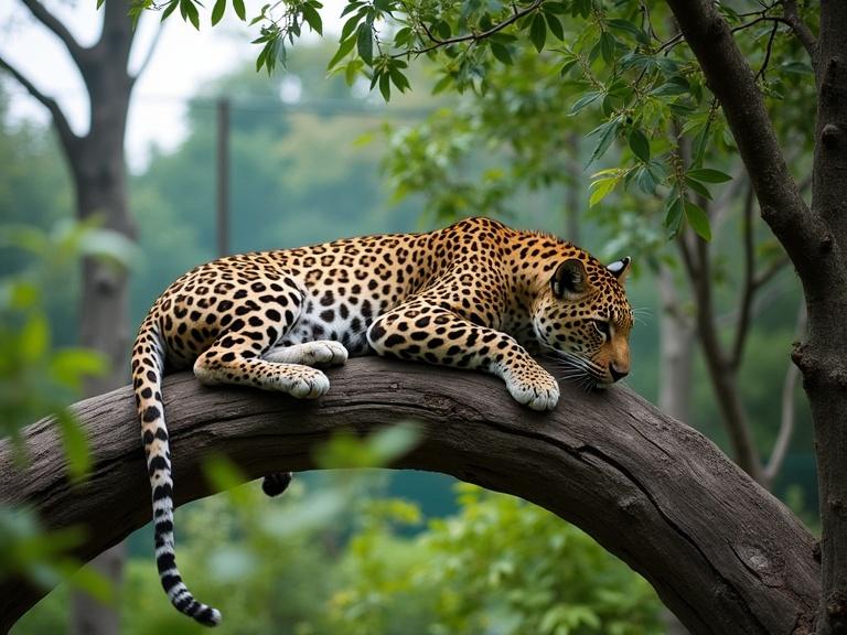 Photograph of a leopard resting on a large curved wooden branch surrounded by lush green foliage. Netting in the background during the daytime with natural light. Leopard's head is down looking to the side in a relaxed posture. Green leaves in foreground and background. Tree trunk partially visible. Overcast sky contributing to a calm atmosphere in the wildlife habitat. Detailed textures of wood and fur, slightly blurred background. Mid-shot of a nature scene that conveys a peaceful environment suitable for animal conservation. Vertical composition with green and brown color palette and soft lighting.