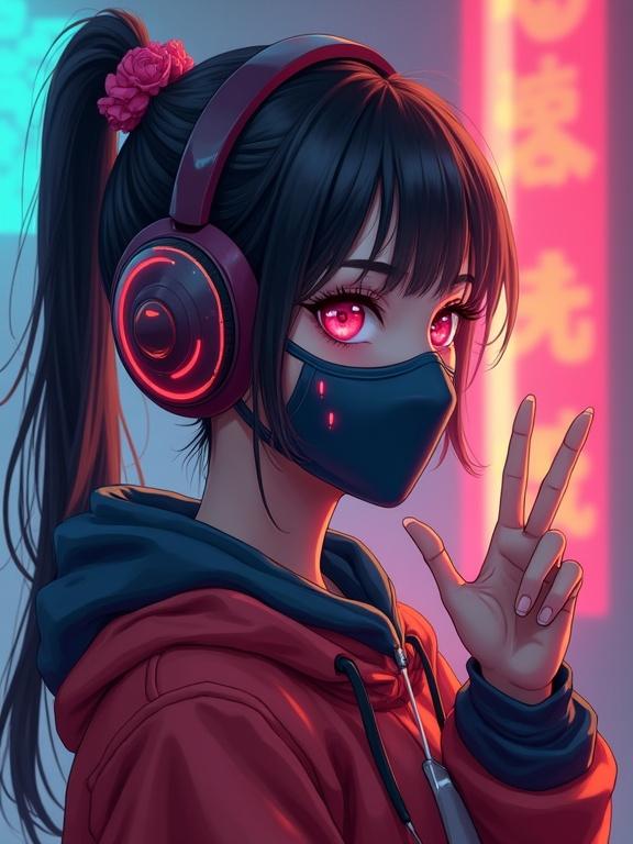 A Chinese girl wearing a ponytail listens to music through gaming headphones. The girl wears a stylish red hoodie. A vibrant urban setting is behind her with neon lights. She makes a hand sign in a casual pose.