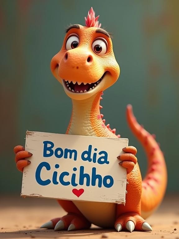 Anthropomorphic dinosaur smiling. The dinosaur holds a sign that reads Bom dia Cicinho in blue. A heart is drawn in red underneath. Artistic style is Pixar Disney.