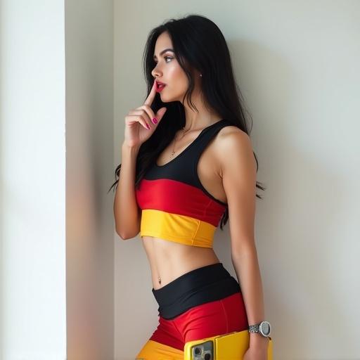 Young woman indoors near white wall wearing sporty outfit. Crop top and shorts in black, red, gold colors. Long black hair, brown eyes, dark red lips. Shushing gesture with finger on lips. Hand on hip, holding yellow smartphone. Relaxed posture. High-quality photo with natural light.