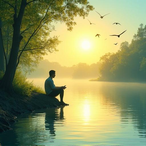 An Asian man sits by the edge of a river. Bright morning sun reflects on the water. Birds fly in a clear sky filled with trees. A serene and realistic natural setting.