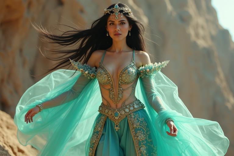 Side shot of a princess in a turquoise Arabian outfit. Features include ornate gold embroidery and shimmering sequins. She wears sheer overlay pants and a deep V-neckline top. A bold jeweled headpiece adorns her shiny black hair. The princess stands on a magical floating carpet. Expression conveys exhilaration.