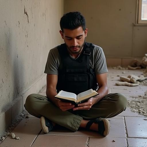 A young Arab man reads the Quran calmly. He sits on cracked tiles in a destruction. The room has broken walls and debris. The man wears a gray shirt, tactical vest, military pants, and flip-flops. Moonlight softly lights the scene.