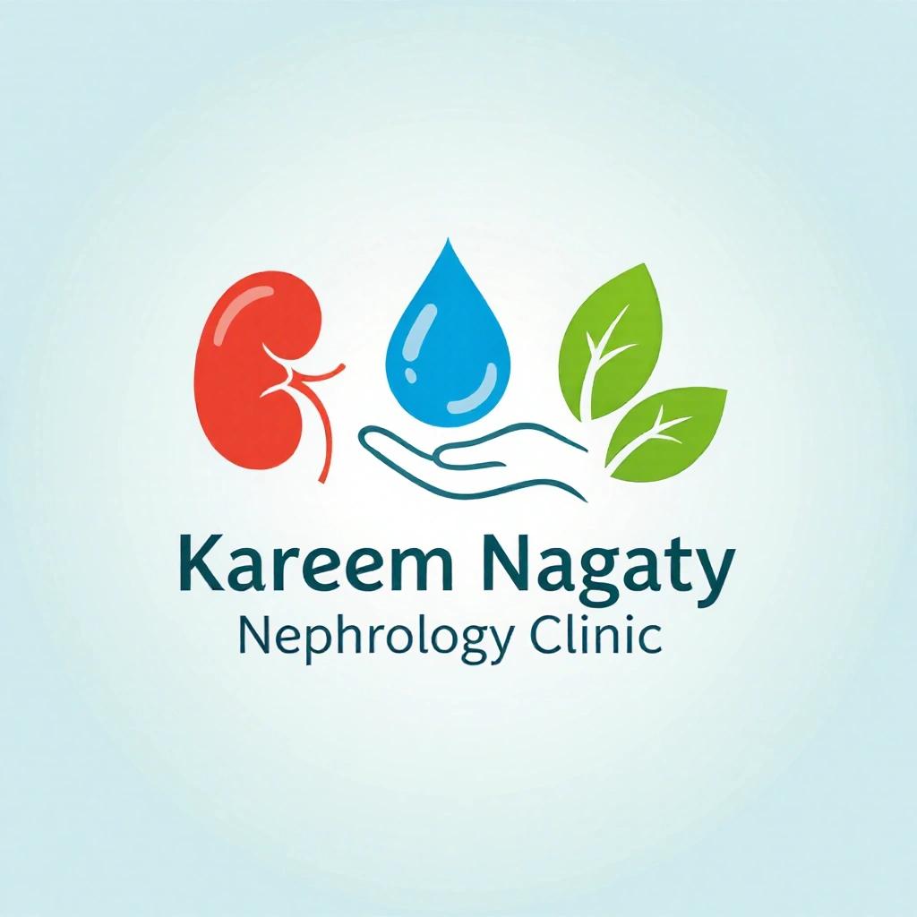 Logo design for nephrology clinic includes a red kidney shape blue water drop green leaf image hand holding elements text Kareem Nagaty nephrology clinic