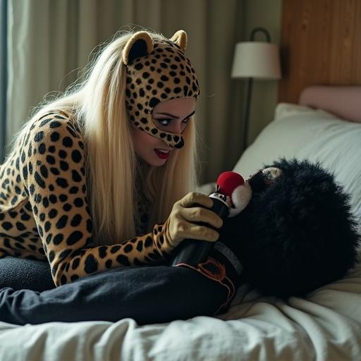 A woman in a cheetah costume wrestles with a clown-like puppet on a bed in a room. She has blue eyes and an angry expression. The puppet is large and black. The woman sprays gas at the puppet with a can. Her costume includes a balaclava with cheetah ears and a tail.