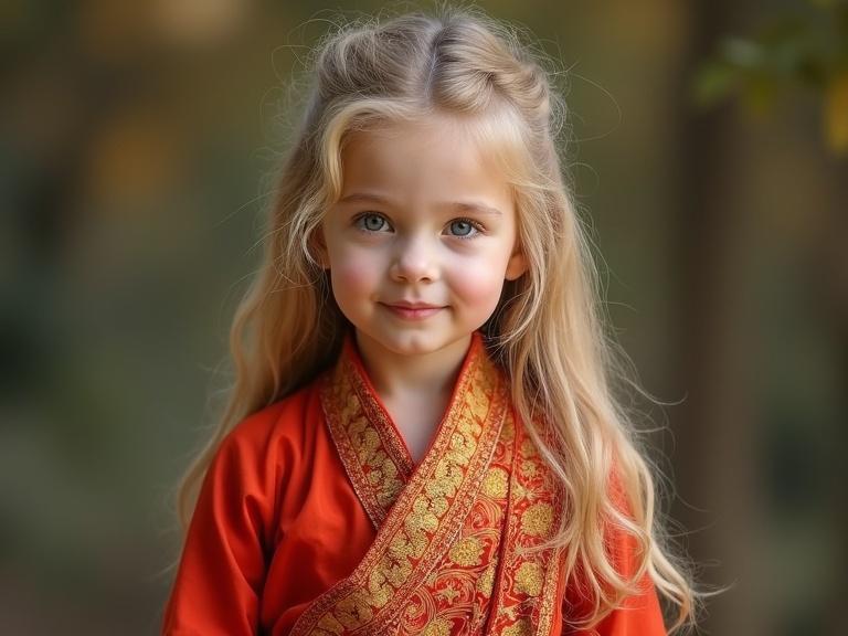 A twelve-year-old girl with long blonde hair wearing traditional Myanmar attire called longyi. The setting is warm and softly lit, focusing on her expression and outfit.