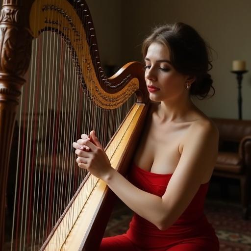 Voluptuous woman playing the harp wearing a red dress in a cozy interior setting.