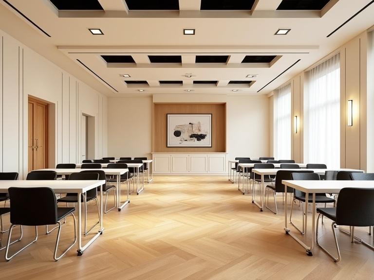 Bright multipurpose hall features geometric wooden flooring. Cream walls with decorative trim add elegance. Recessed lights and black acoustic panels enhance the ceiling. White rectangular tables with black cushioned chairs arranged in a semi-formal setting. Wall-mounted lights and abstract artwork complete the decor. Clean organized spacious appearance with no stage or screen.