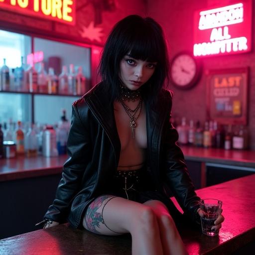 A goth woman sits on bar counter with a strong presence. She has jet-black shag haircut with violet glow under neon 'NO FUTURE' sign. Her cheeks are hollow and she looks directly at the viewer. Thick kohl rings her eyes, with ink-like tears. She wears a spiked choker and a pleated skirt, revealing thigh tattoos. She holds a vodka glass, and a red 'ABANDON ALL HOPE' light reflects on her lips. A shattered mirror shows a clock about to strike midnight. Her leather jacket sleeves reveal tally marks on her wrists.