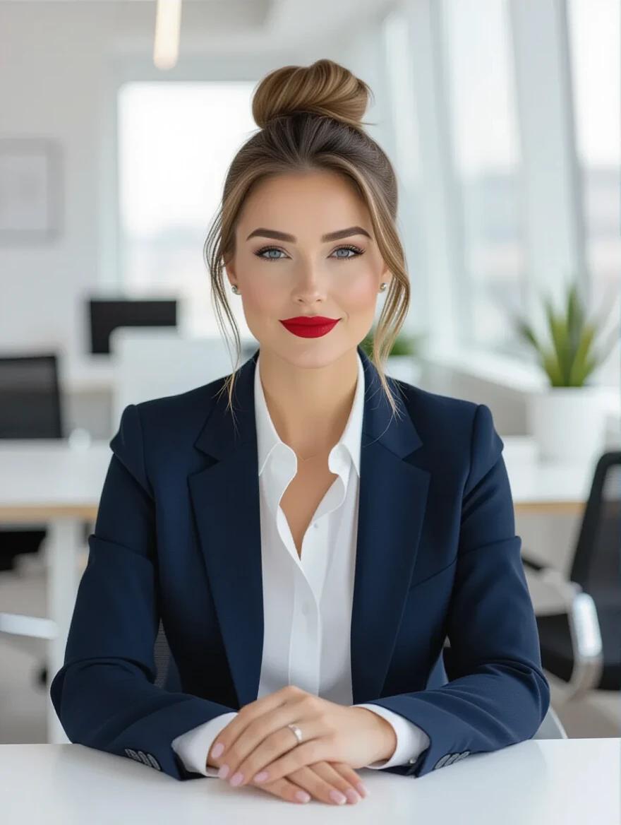 A woman in her 30s or 40s is seated at a light-colored desk. She has blue eyes and light brown hair in a bun. She wears a dark blue blazer over a white collared shirt. The top two buttons of her shirt are unbuttoned. Her hands are clasped together. The background shows a blurred office environment with white desks and black chairs. There are large windows and a plant in a white pot.