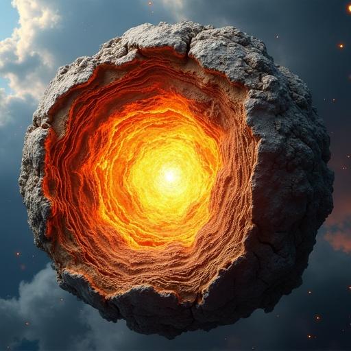 A close-up of a textured spherical rock formation resembling the earth's crust with a glowing core. The surface appears rugged with layers resembling volcanic rock. The background features clouds illuminated by the inner glow.