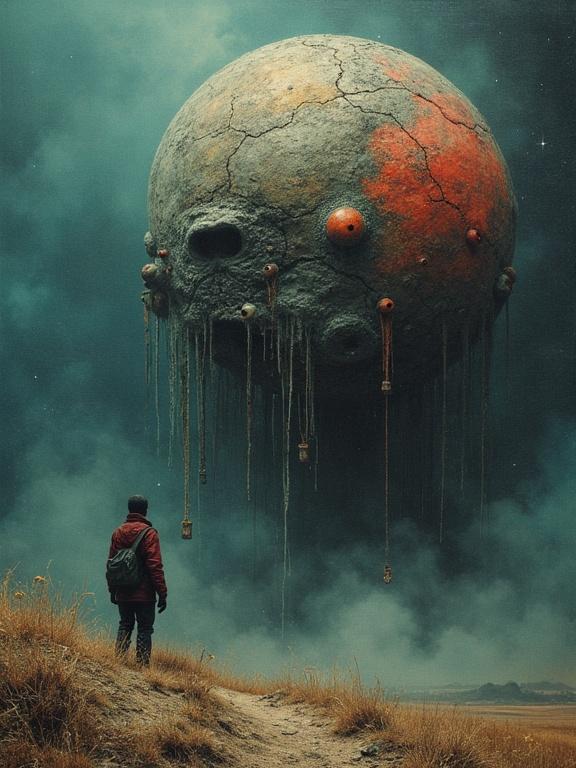 Creative world masterpiece featuring a large surreal planet hovering above a figure. Blends styles of Jacek Jerka, Wojtek Siudmak, and Zdzisław Beksiński with surreal effects. Dark moody skies and dramatic landscape.