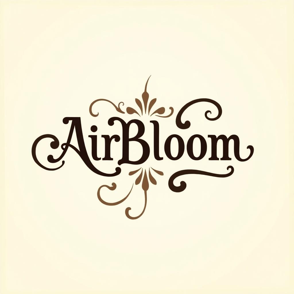 Image showcases the word 'AirBloom' in a styled font. Intricate swirls and flourishes decorate the text. Soft beige background with dark brown accents creates a warm feel. Design emphasizes creativity and artistry. Overall look is elegant, visually appealing.