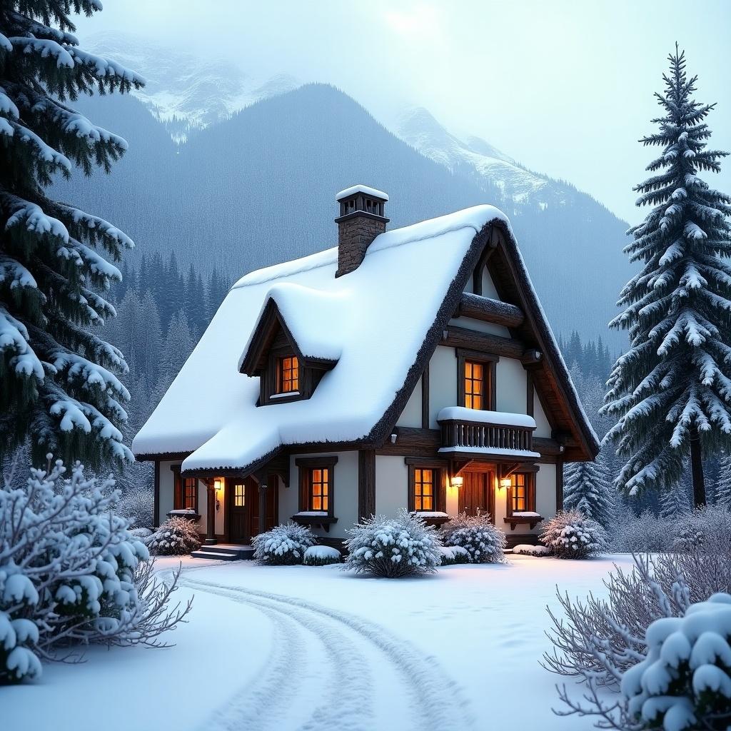 A quaint thatched house covered in snow. Set against a mountain backdrop. Soft light creates a tranquil winter atmosphere. The house has classic architecture and rustic charm. Surrounded by pine trees and shrubbery.