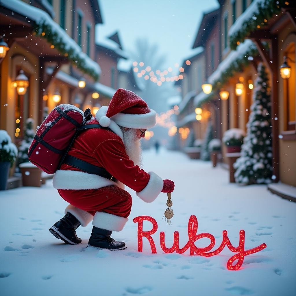 Santa Claus in red and white attire writes Ruby in snow. Charming buildings around. Soft lighting creates a festive atmosphere.