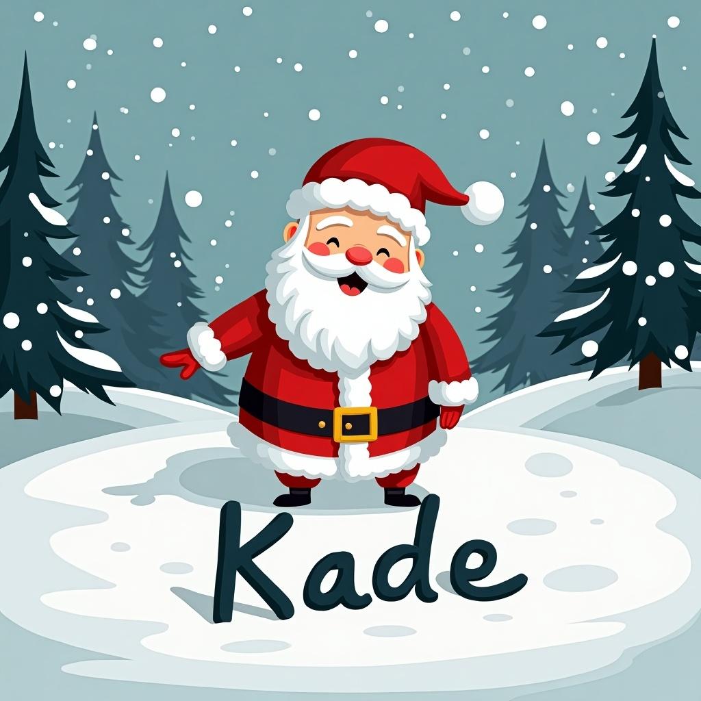 This image features a cheerful Santa Claus standing on a snowy landscape. He is wearing a classic red suit with a fluffy white trim and a matching hat. Santa is playfully pointing at the name 'Kade' written in the snow. In the background, there are evergreen trees dusted with white snowflakes falling gently. The scene evokes a warm and joyful holiday spirit, perfect for celebrating Christmas.