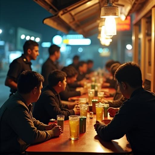 Wide-angle view of a group of men sitting at a table with drinks outside a restaurant. Warm lighting creates an inviting atmosphere. Drinks have visible condensation suggesting they are untouched for a while. The scene captures the essence of nightlife dining in Malaysia.