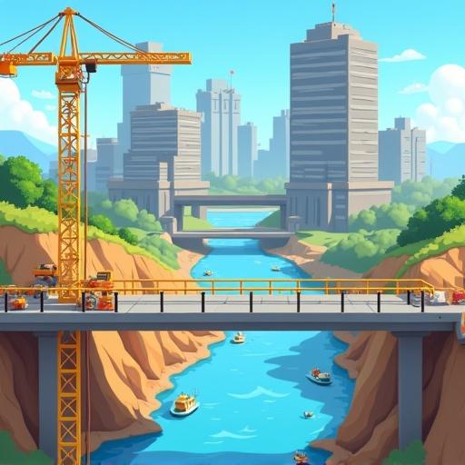 Construction of a bridge and channel with a 6-story building under progress. Cartoon illustration style.