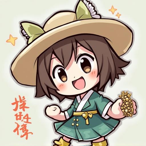 Cute character in traditional dress with a wide-brimmed hat and cheerful expression. Holding a snack and posed playfully.