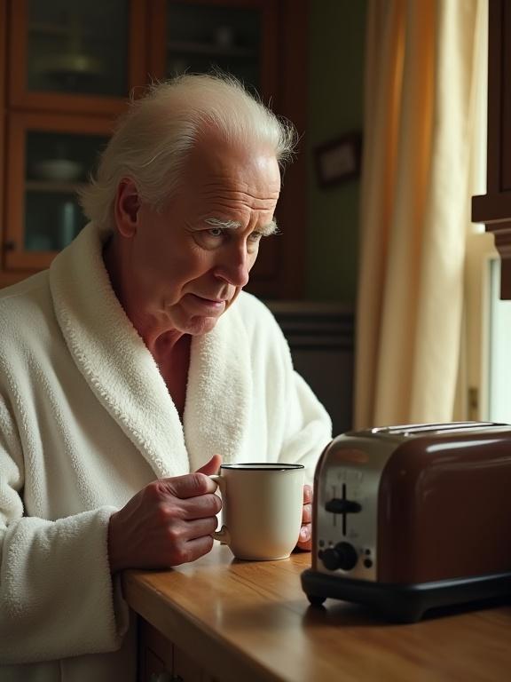 Elderly person in a bathrobe holds a chocolate mug. The person looks at a toaster with a suspicious expression. The scene is softly lit. The setting is a cozy kitchen with wooden countertops.