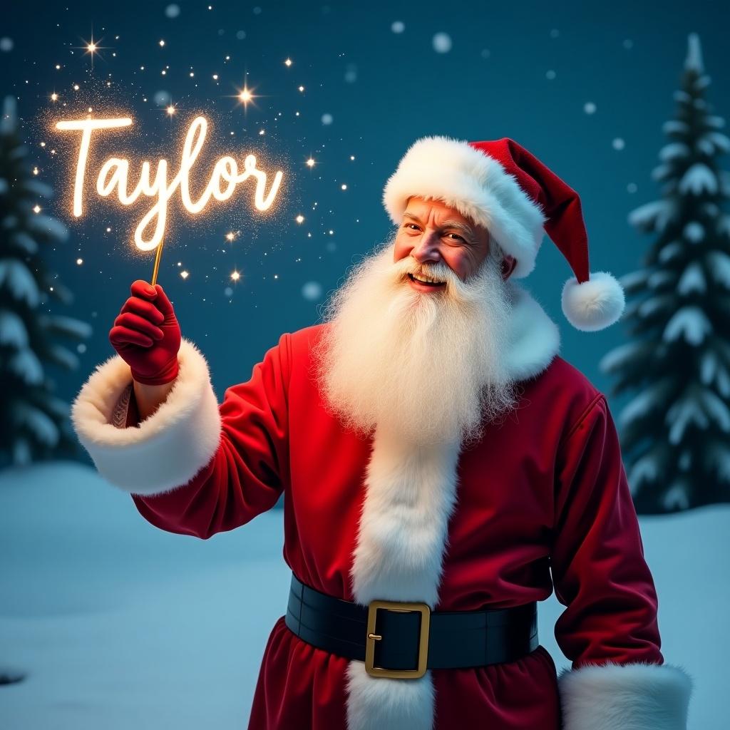 Jolly Santa Claus in a snowy landscape holding a magical wand. Red suit with white trim, twinkling eyes. Writing names in the sky. Snowy scene, evergreen trees, starry night sky. Festive and magical atmosphere for holiday season.