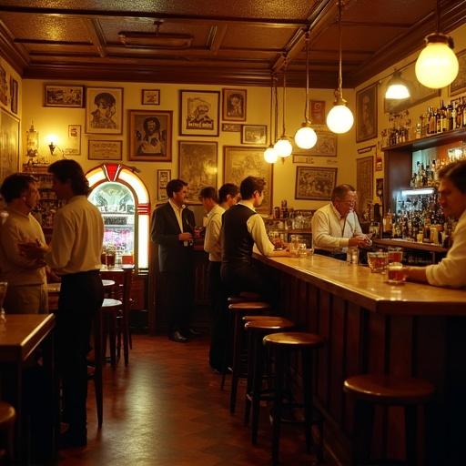 Cozy lively Italian bar from the 1970s evening scene. Warmly lit interior with yellow incandescent lights. Vintage posters and advertisements on walls. Jukebox playing Italian pop music. Young people in flared pants and leather jackets enjoying drinks. Older men at bar playing cards and smoking. Bartender preparing Negroni cocktails. Pinball machine nearby.