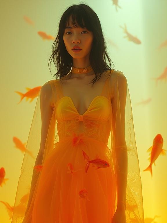 Surreal scene with a figure having dark hair. Translucent plastic dress contains goldfish. Dominant colors are orange and yellow hues with muted tones. Ethereal expression on the figure's face. Soft lighting enhances glossy textures. Creates an otherworldly atmosphere in an indoor setting with contemporary futuristic elements.