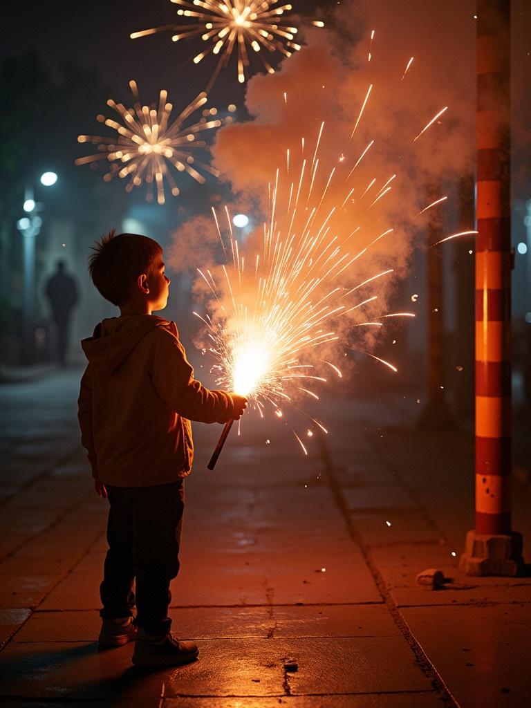 A boy stands outdoors holding a sparkler. Fireworks illuminate the night sky. The scene captures the essence of New Year's celebrations. Dark background enhances the sparkler's glow. Ambient light from street lamps adds to the atmosphere.