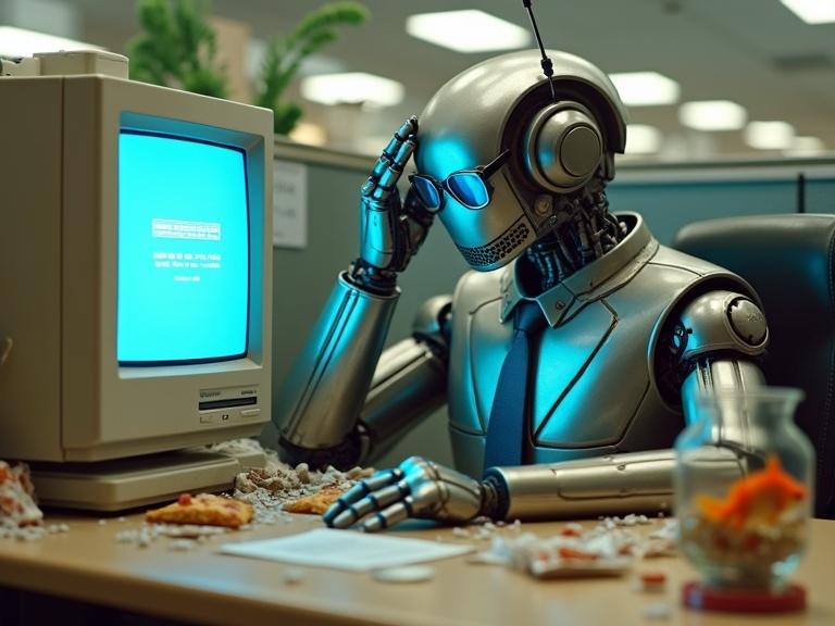 Highly detailed cinematic shot of a retro-futuristic office robot in eyeglasses wearing an ill-fitting suit. Robot is hunched over a 1990s desktop PC with a CRT monitor showing a blue screen error. Desk cluttered with pizza, soda cans, coffee mug, floppy disks, and a fishbowl. Robot shows despair over lost data. Wilting plant in the corner. Harsh fluorescent lighting. High resolution hyperrealistic image.
