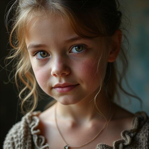 Close-up portrait of a young girl with wavy hair and expressive eyes. She wears a knitted sweater, appearing calm and thoughtful. The background is softly blurred.