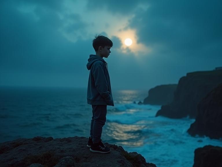 A cinematic portrait of a young boy standing alone on a rugged cliffside. The boy is sharply in focus. The backdrop features a vast coastal scene with dramatic lighting and moody blue tones. Golden hues illuminate the boy’s face creating contrast. The moon is overhead, backlighting him. The ocean is below with churning waves, and storm clouds loom in the distance, enhancing a melancholic mood.