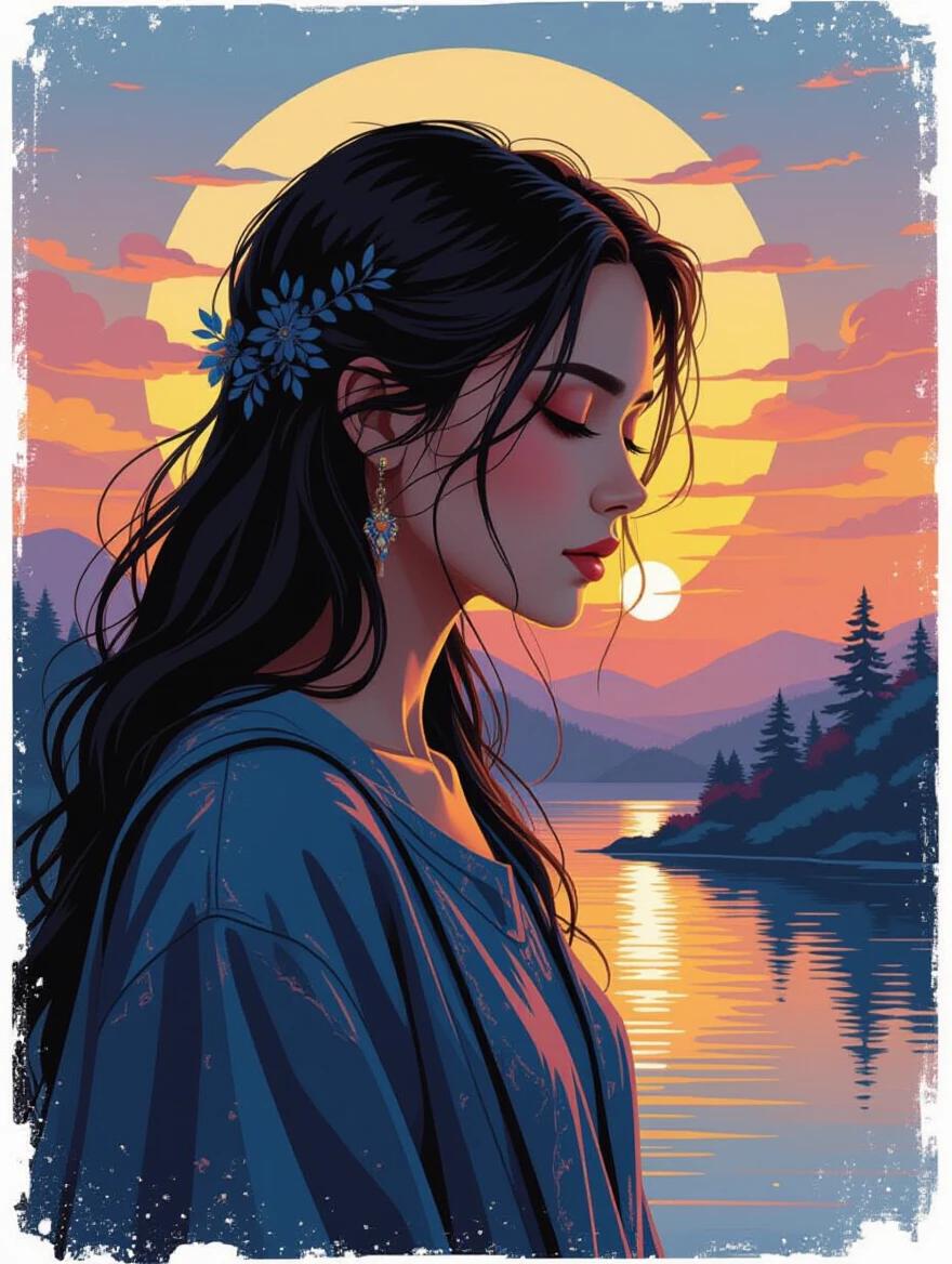 Close-up illustration of a woman in front of a vibrant sunrise. The image blends elements from traditional art and pixelated aesthetics. There are soft shadows and a predominance of dark colors. The atmosphere feels divine with strong lighting and harmonious brushstrokes. It represents a fusion of organic and synthetic elements.