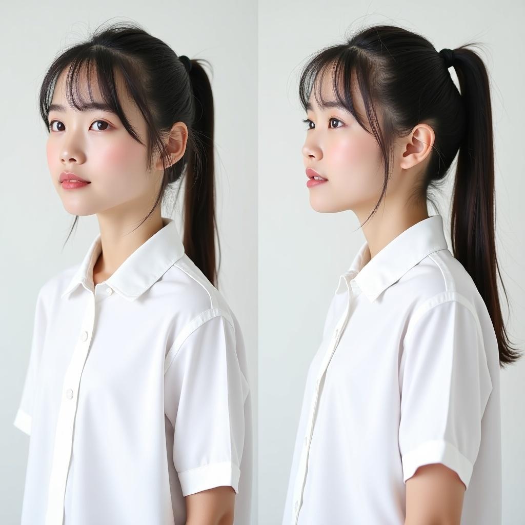 The image showcases a beautiful Asian girl dressed in a plain white uniform shirt, presented in three different views: left-side, front, and right-side. Her hair is neatly tied back in a simple ponytail with no accessories enhancing the clean look. The soft, spotlighted lighting highlights her calm expression and the simplicity of the uniform. This professional presentation is ideal for a fashion or educational context, conveying a sense of cleanliness and professionalism. The focus is primarily on her expressions and the style of the shirt, making it versatile for various uses in marketing and design.