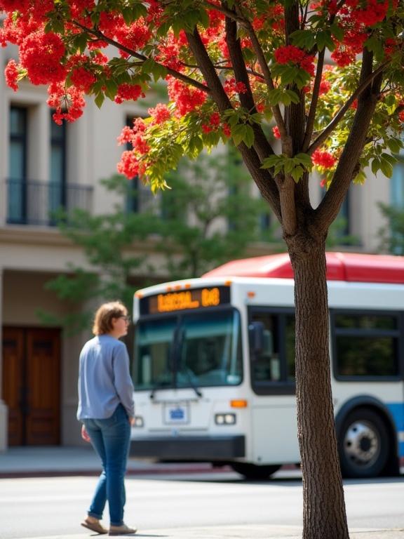 Photograph of a city street scene during the day with bright sunlight. A white city bus parked on the right side of the frame. A red and green tree with vibrant red flowers occupies the top half. A woman wearing a blue shirt and jeans stands on the left. Background includes a beige building with wooden doors and distant structures. The bus features a red roof and black windows. The tree trunk is rough and textured. Shadows are cast on the ground, creating an urban and casual ambiance. The setting exhibits a summer vibe, designed in a realistic style with slight depth of field and detailed textures.