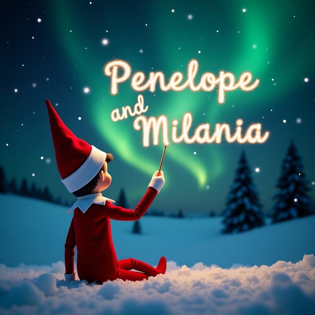 Elf positioned with back to viewer, dressed in red outfit facing toward dark sky with northern lights, using magic wand to write names Penelope and Milania in sparkling letters, snowy landscape enhances the magical setting.