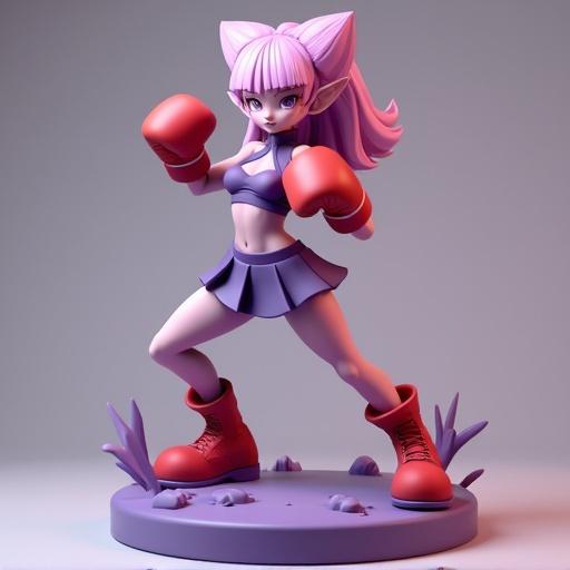 Stylized 3D resin figurine of a female boxer. Figurine has a toned body, strikes an attacking pose. Wears purple boxing outfit with red gloves and boots. Top is sporty with short pleated skirt. Features spiky shoulder pads resembling Hitmonchan. Hairstyle mimics Hitmonchan with square locks. Elegant yet fierce facial features. Stands on a circular dynamic base.